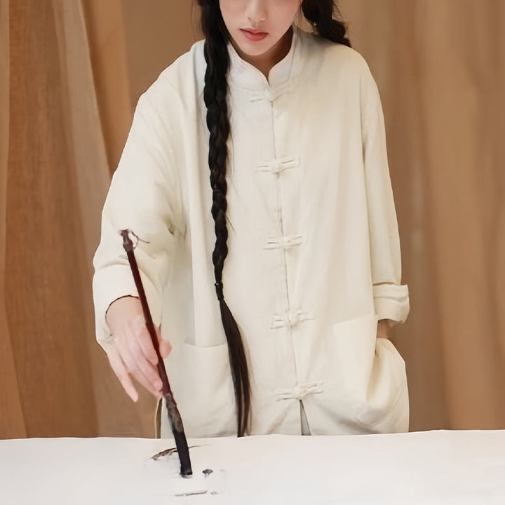 Buddha Stones無地 カエルボタン 長袖 コットンリネン レディース シャツ ポケット付き - image 4