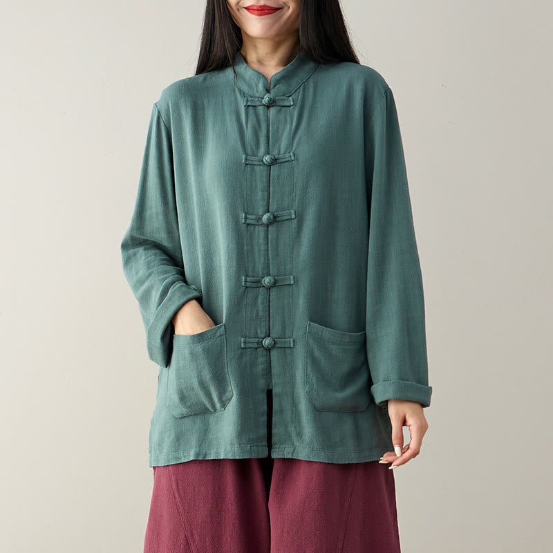 Buddha Stones無地 カエルボタン 長袖 コットンリネン レディース シャツ ポケット付き - image 12