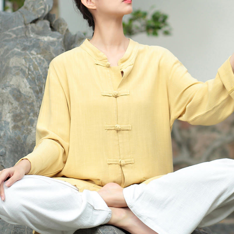 Buddha Stones無地 カエルボタン 長袖 コットンリネン レディース シャツ ポケット付き - カーキ - US6、 UK/AU10、 EU38 (XL) - image 15