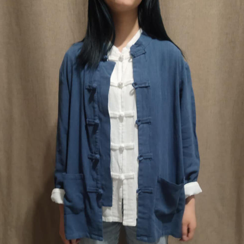 Buddha Stones無地 カエルボタン 長袖 コットンリネン レディース シャツ ポケット付き - ダークスレートブルー - US8-10、 UK/AU12-14、 EU40-42 (XL) - image 9