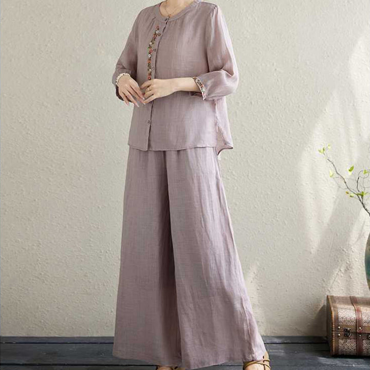 Buddha Stones2点セット コットン刺繍 花柄 シャツ トップパンツ 瞑想 禅 太極拳 ウェア レディース セット - image 6