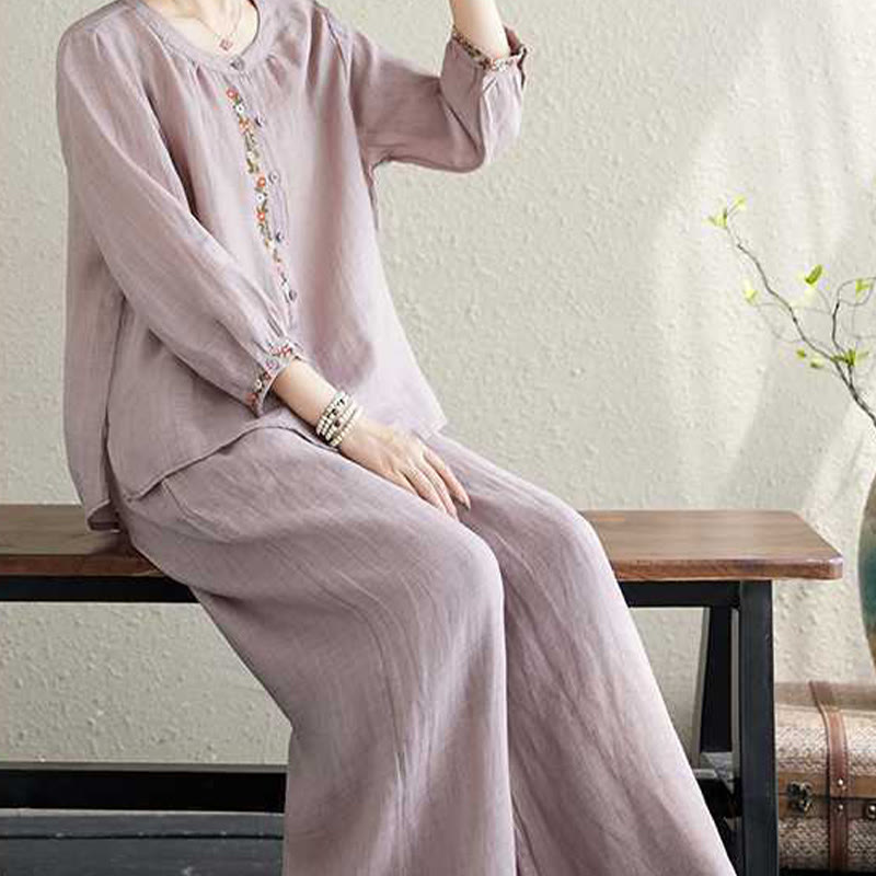 Buddha Stones2点セット コットン刺繍 花柄 シャツ トップパンツ 瞑想 禅 太極拳 ウェア レディース セット - image 8