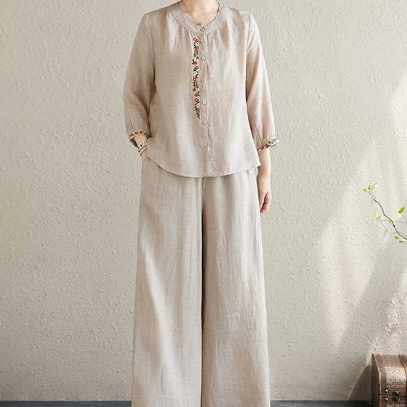 Buddha Stones2点セット コットン刺繍 花柄 シャツ トップパンツ 瞑想 禅 太極拳 ウェア レディース セット - image 15