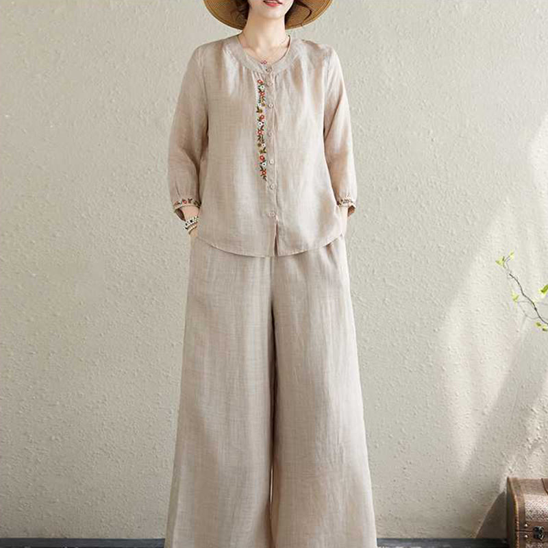 Buddha Stones2点セット コットン刺繍 花柄 シャツ トップパンツ 瞑想 禅 太極拳 ウェア レディース セット - image 17