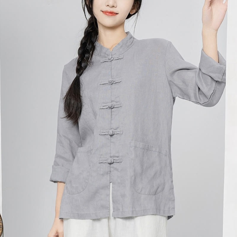 Buddha Stones無地 カエルボタン 長袖 リネン レディース シャツ ポケット付き - 銀 - US4、 UK/AU8、 EU36 (L) - image 6