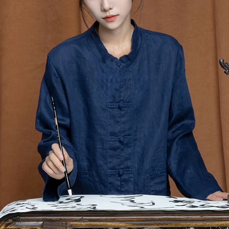 Buddha Stones無地 カエルボタン 長袖 リネン レディース シャツ ポケット付き - ダークスレートブルー - US4、 UK/AU8、 EU36 (L) - image 28