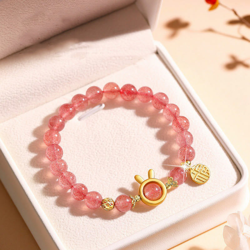 Buddha Stones天然ストロベリークォーツ うさぎの福キャラクターチャームラブブレスレット