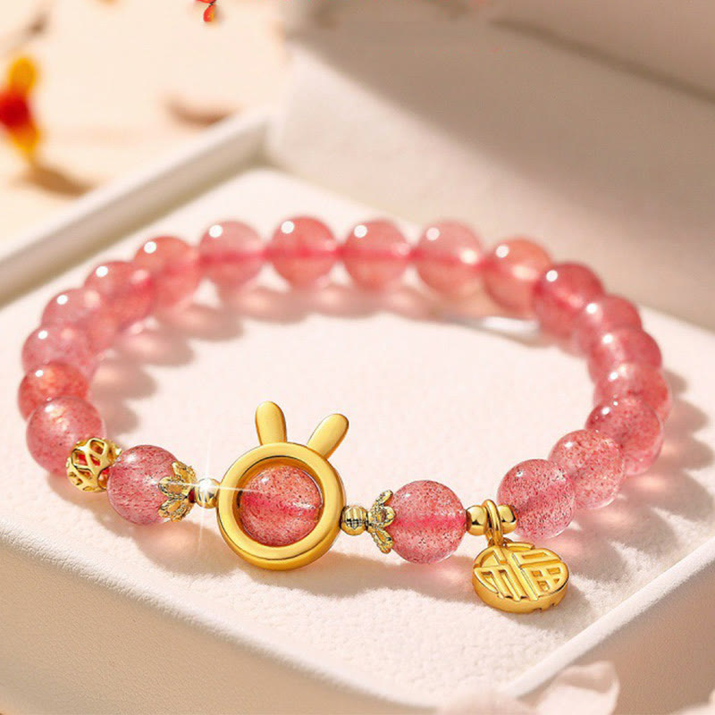 Buddha Stones天然ストロベリークォーツ うさぎの福キャラクターチャームラブブレスレット
