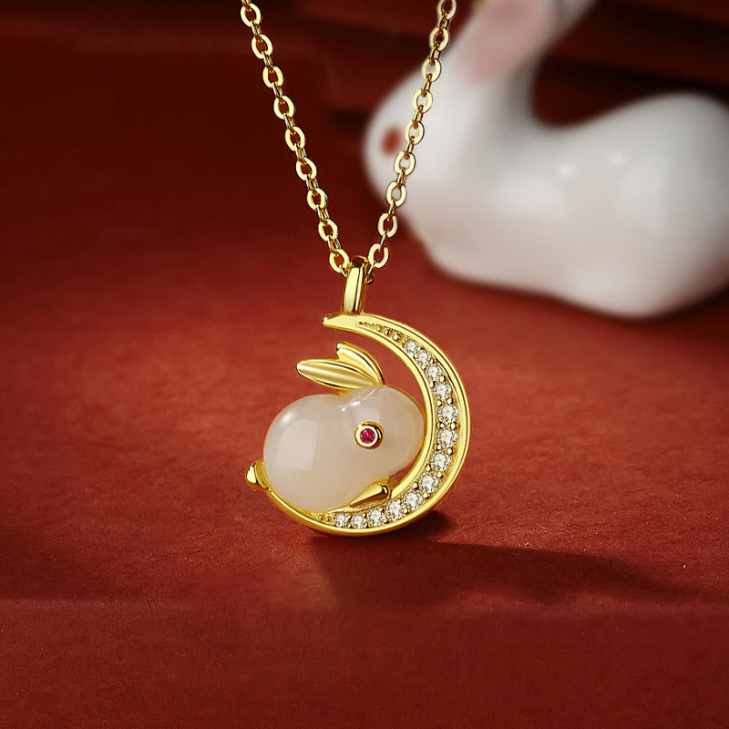 Buddha Stones 925スターリングシルバー 和田白翡翠 うさぎ 三日月 幸運のネックレスペンダント - 和田白玉（守護♥幸せ） - image 0