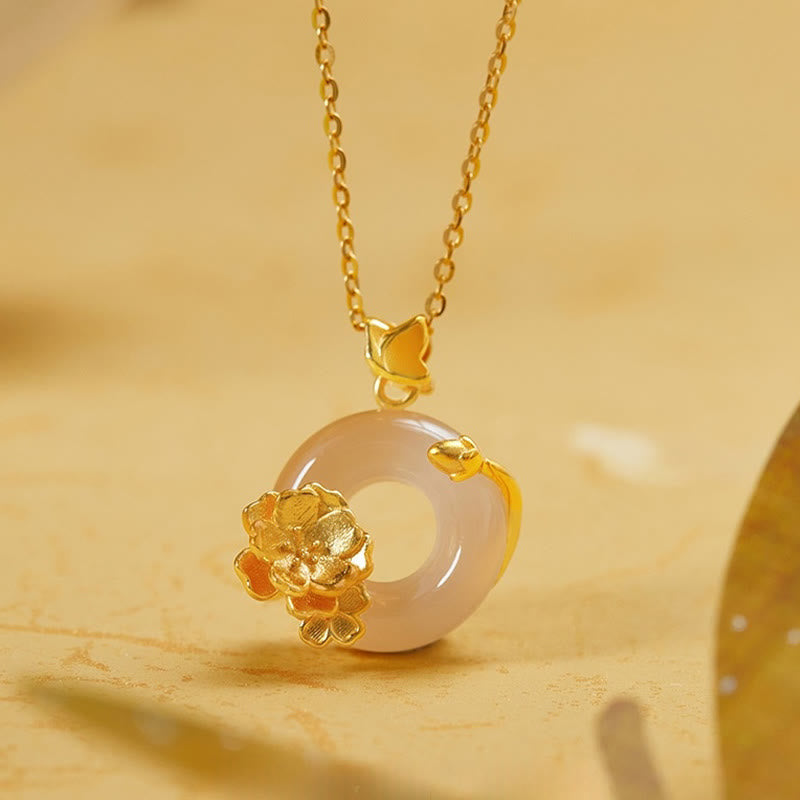 Buddha Stonesナチュラル 925 スターリングシルバー ホワイトカルセドニー ピース平和のお守りチャームブロッサム バタフライ ポジティブネックレス ペンダント - ホワイトカルセドニー - image 0