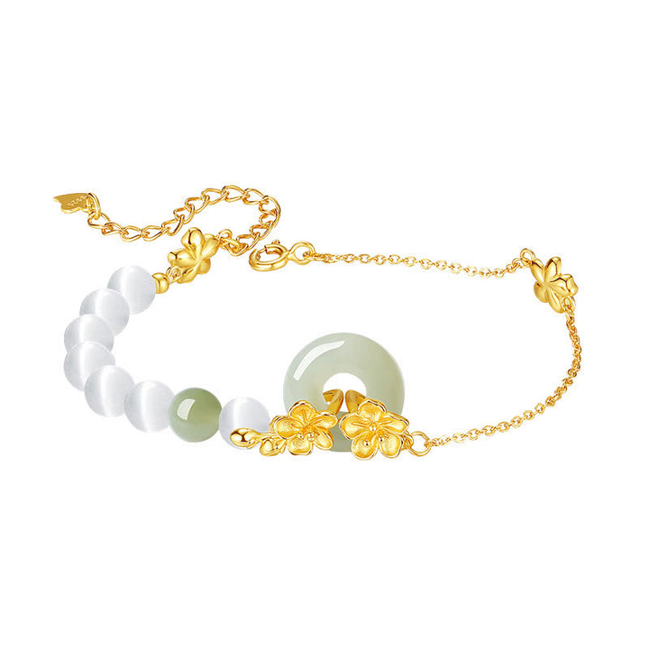 Buddha Stones 999スターリングシルバー 天然和田翡翠 平和バックル 桃の花 幸運ブレスレット