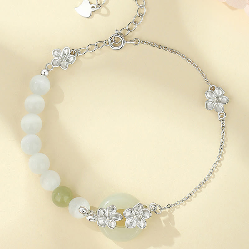 Buddha Stones 999スターリングシルバー 天然和田翡翠 平和バックル 桃の花 幸運ブレスレット