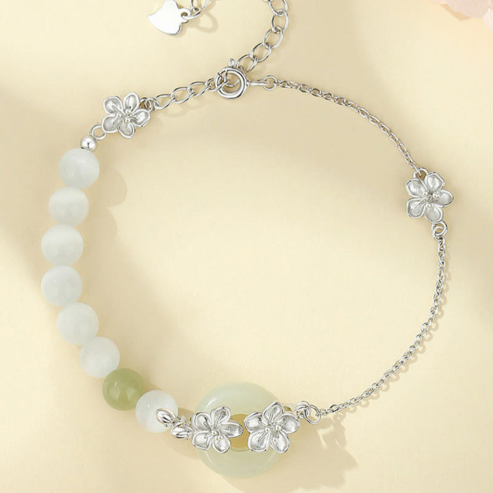 Buddha Stones 999スターリングシルバー 天然和田翡翠 平和バックル 桃の花 幸運ブレスレット