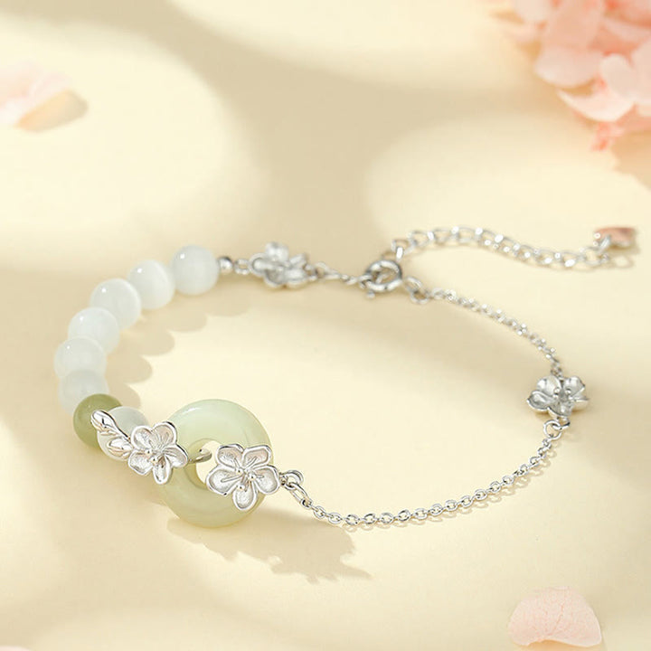 Buddha Stones 999スターリングシルバー 天然和田翡翠 平和バックル 桃の花 幸運ブレスレット