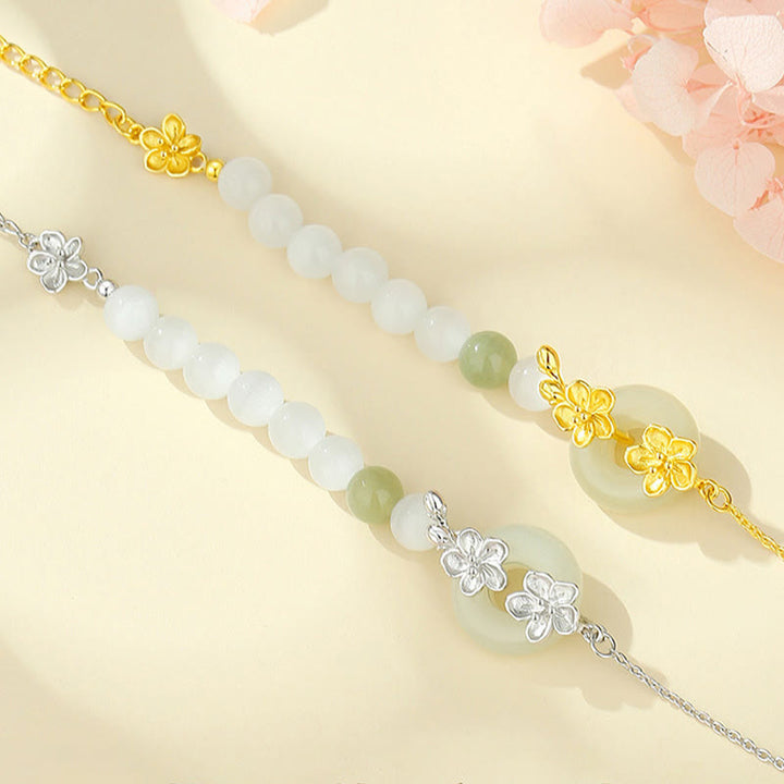 Buddha Stones 999スターリングシルバー 天然和田翡翠 平和バックル 桃の花 幸運ブレスレット