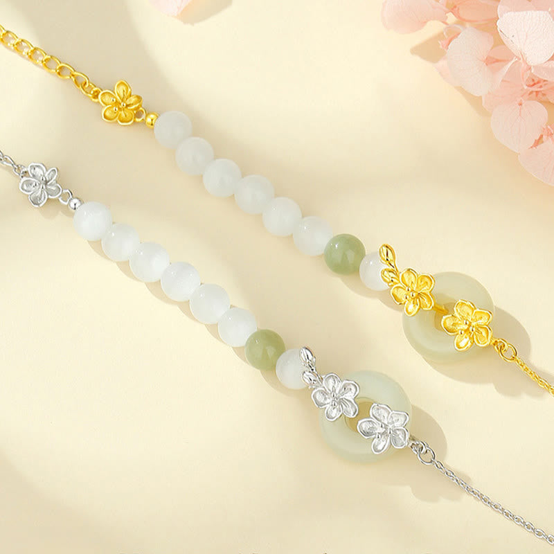 Buddha Stones 999スターリングシルバー 天然和田翡翠平和のお守りチャーム桃の花幸運ブレスレット - image 1