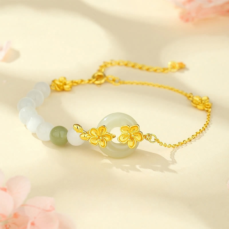Buddha Stones 999スターリングシルバー 天然和田翡翠平和のお守りチャーム桃の花幸運ブレスレット - ゴールド（手首周り14～20cm） - image 0