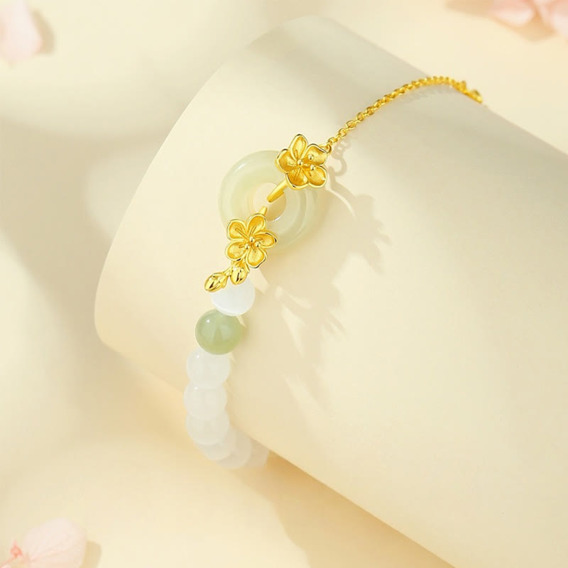 Buddha Stones 999スターリングシルバー 天然和田翡翠 平和バックル 桃の花 幸運ブレスレット