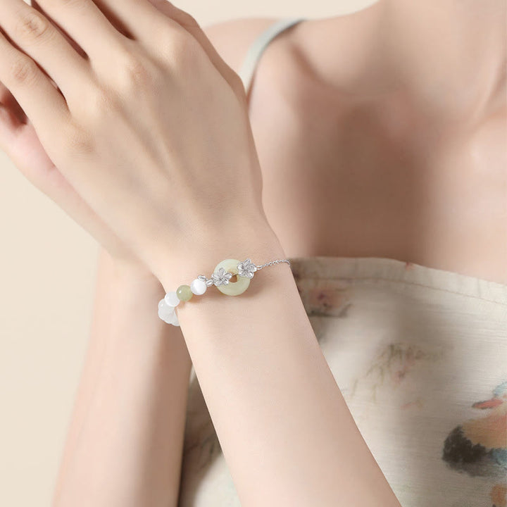 Buddha Stones 999スターリングシルバー 天然和田翡翠 平和バックル 桃の花 幸運ブレスレット