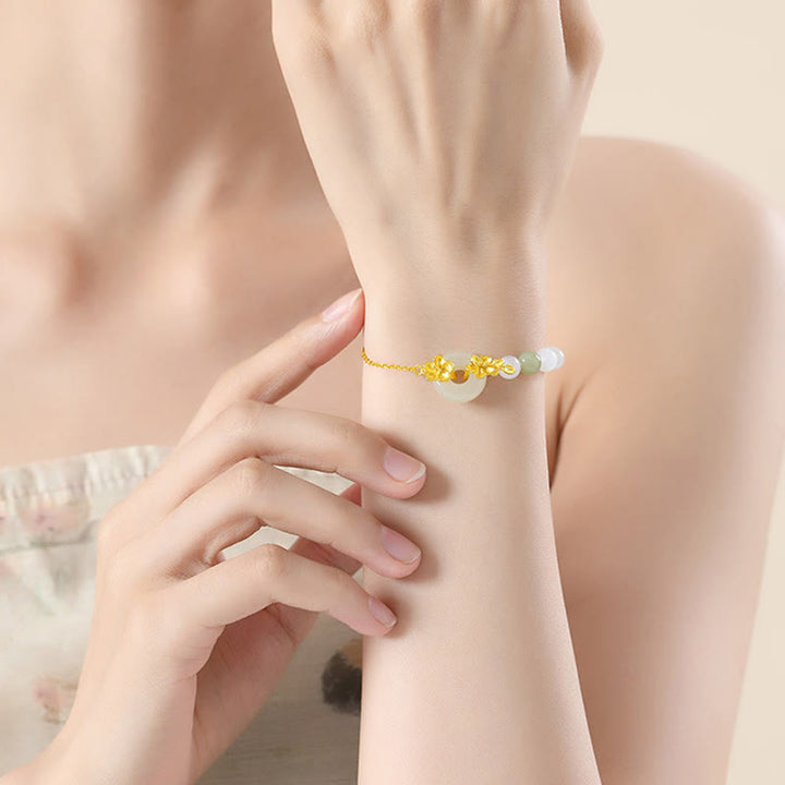 Buddha Stones 999スターリングシルバー 天然和田翡翠平和のお守りチャーム桃の花幸運ブレスレット - image 3