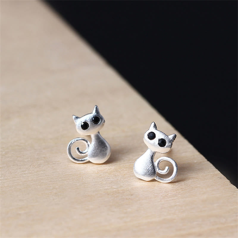 Buddha Stones925 スターリングシルバー ポスト キュートな猫 子猫 祝福 スタッドピアス - 925スターリングシルバー - image 1