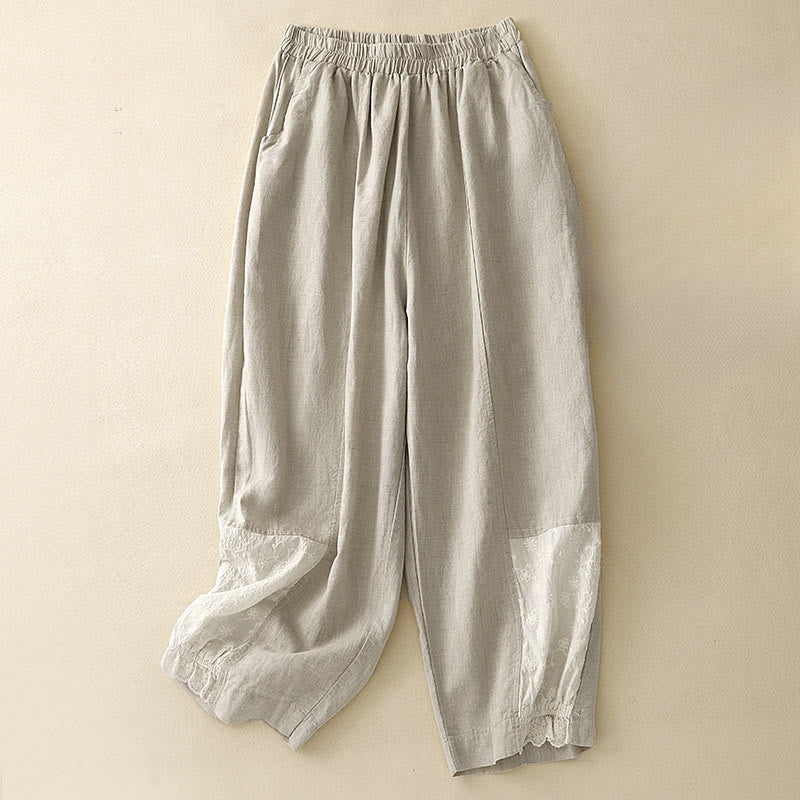 Buddha Stonesカジュアル刺繍パッチワーク生地7-8丈クロップドパンツレディースコットンハーレムパンツポケット付き - ベージュ - US8-10，UK/AU12-14，EU40-42 (2XL) - image 5