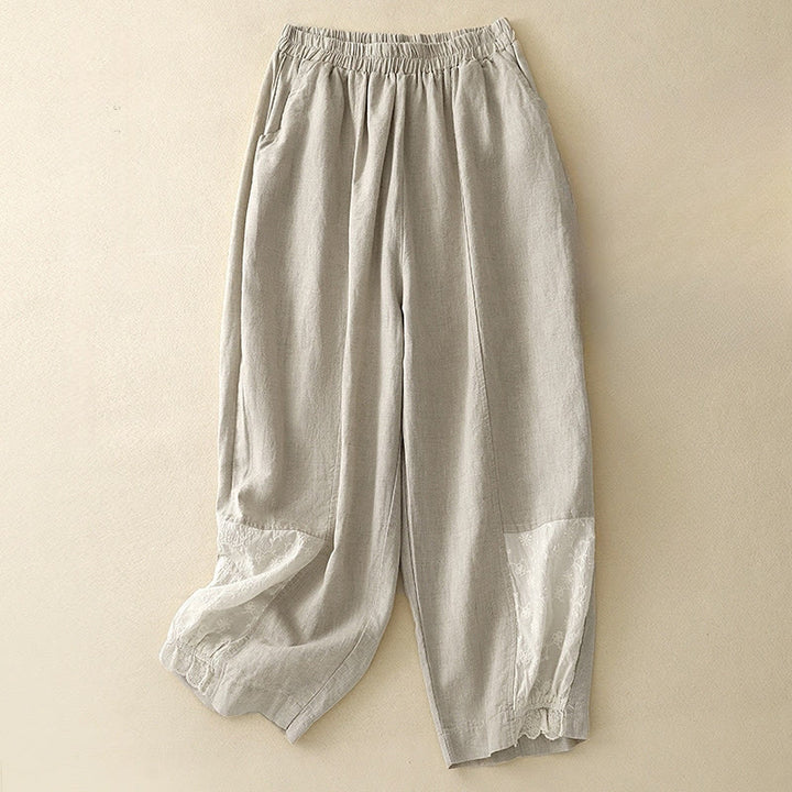 Buddha Stonesカジュアル刺繍パッチワーク生地7-8丈クロップドパンツレディースコットンハーレムパンツポケット付き - ベージュ - US8-10，UK/AU12-14，EU40-42 (2XL) - image 5