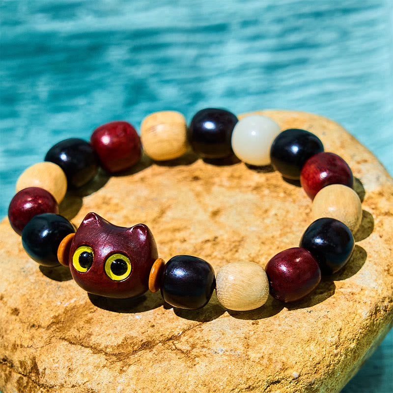Buddha Stones小葉紫檀黒檀かわいい猫 彫刻守護ブレスレット - 小葉紫檀（邪気を払う♥守護） - image 1