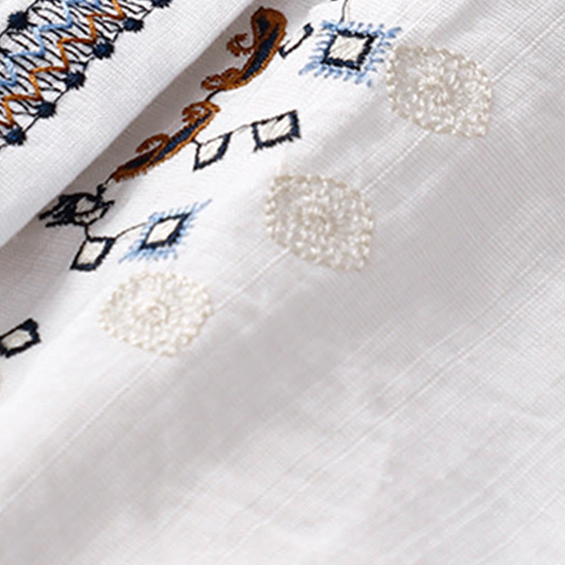 Buddha Stonesカジュアル レディース ボヘミア 刺繍 花 Vネックデザイン 半袖 コットンリネン シャツ - image 4