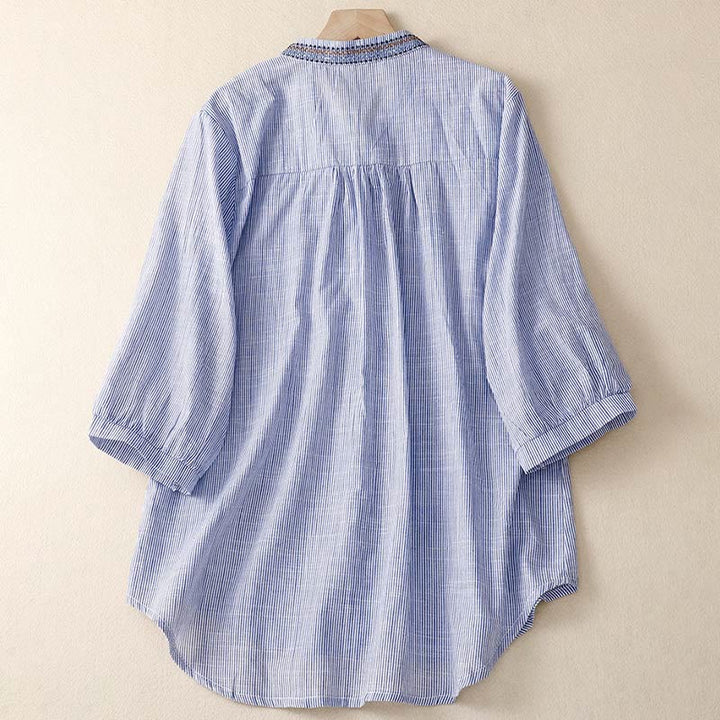 Buddha Stonesカジュアル レディース ボヘミア 刺繍 花 Vネックデザイン 半袖 コットンリネン シャツ - image 6