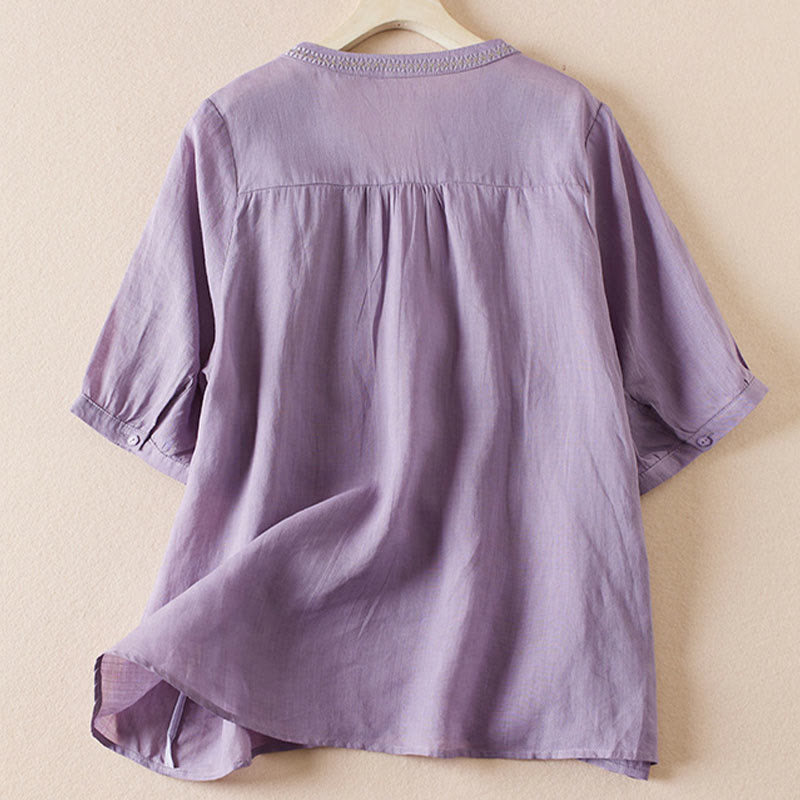 Buddha Stonesカジュアル 刺繍 植物 レディース Vネックデザイン 半袖 コットン混紡シャツ - image 1