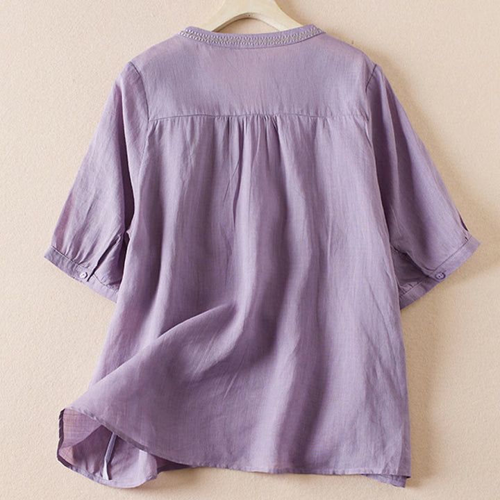 Buddha Stonesカジュアル 刺繍 植物 レディース Vネックデザイン 半袖 コットン混紡シャツ - image 1