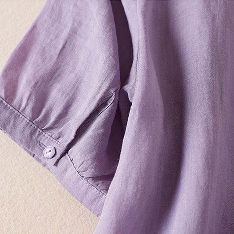 Buddha Stonesカジュアル 刺繍 植物 レディース Vネックデザイン 半袖 コットン混紡シャツ - image 5