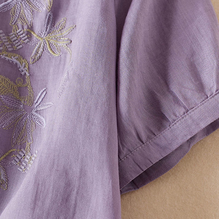 Buddha Stonesカジュアル 刺繍 植物 レディース Vネックデザイン 半袖 コットン混紡シャツ - image 4