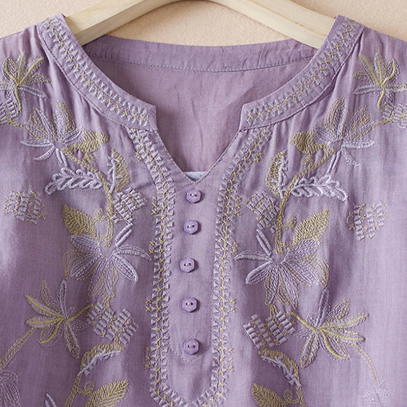 Buddha Stonesカジュアル 刺繍 植物 レディース Vネックデザイン 半袖 コットン混紡シャツ - image 2