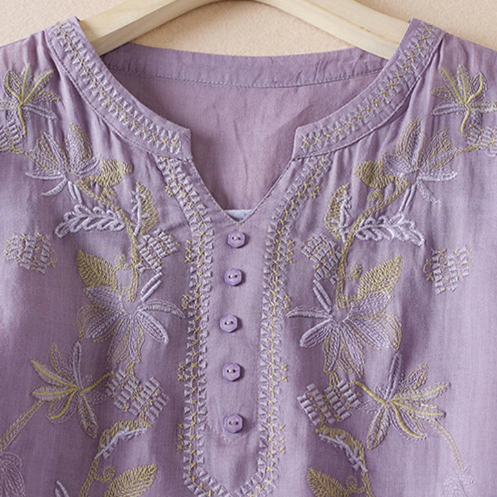 Buddha Stonesカジュアル 刺繍 植物 レディース Vネックデザイン 半袖 コットン混紡シャツ - image 2