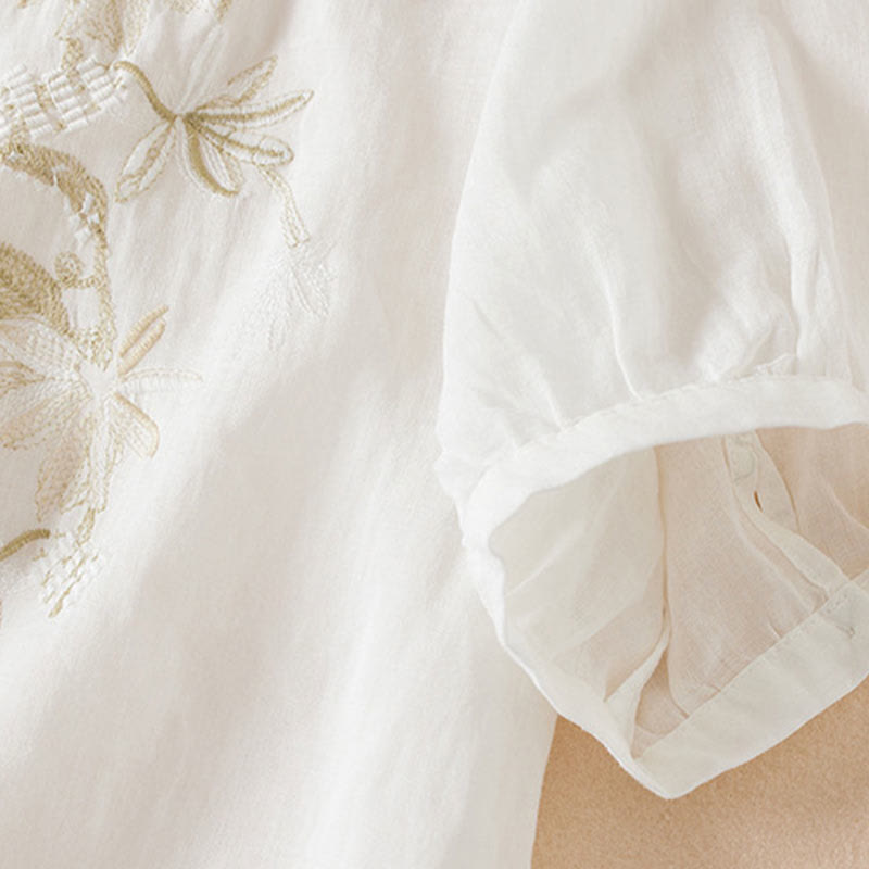 Buddha Stonesカジュアル 刺繍 植物 レディース Vネックデザイン 半袖 コットン混紡シャツ - image 13