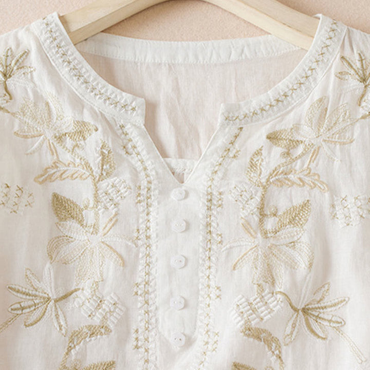 Buddha Stonesカジュアル 刺繍 植物 レディース Vネックデザイン 半袖 コットン混紡シャツ - image 10