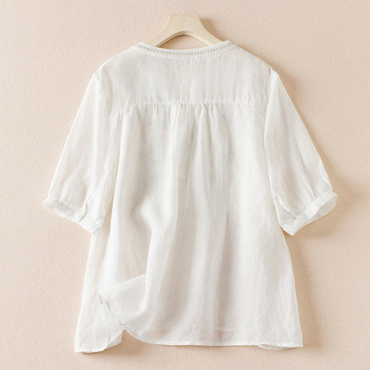 Buddha Stonesカジュアル 刺繍 植物 レディース Vネックデザイン 半袖 コットン混紡シャツ - image 9