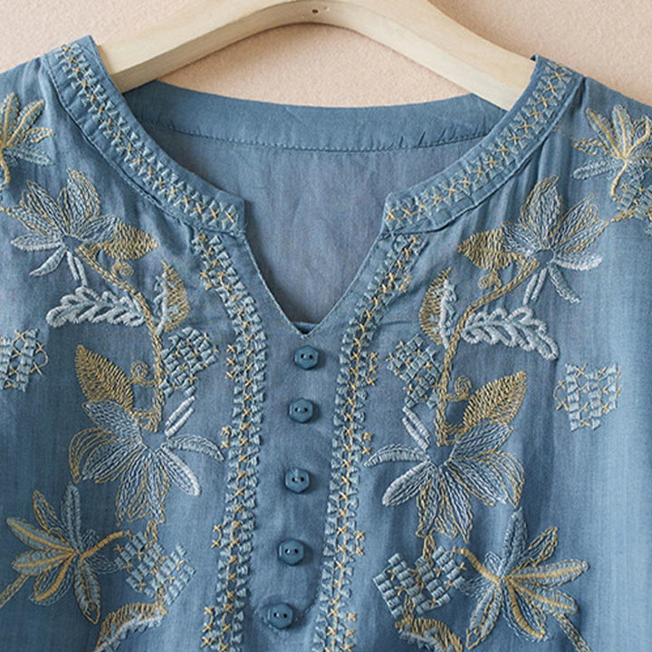 Buddha Stonesカジュアル 刺繍 植物 レディース Vネックデザイン 半袖 コットン混紡シャツ - image 17