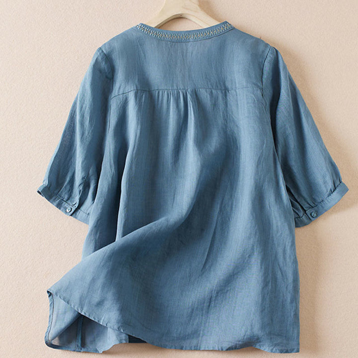 Buddha Stonesカジュアル 刺繍 植物 レディース Vネックデザイン 半袖 コットン混紡シャツ - image 16