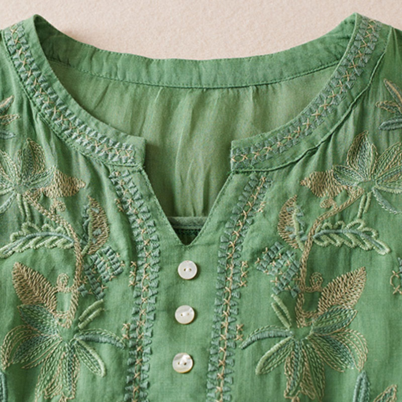 Buddha Stonesカジュアル 刺繍 植物 レディース Vネックデザイン 半袖 コットン混紡シャツ - image 24