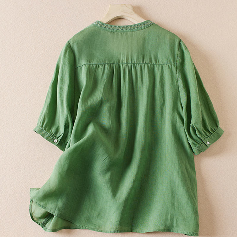 Buddha Stonesカジュアル 刺繍 植物 レディース Vネックデザイン 半袖 コットン混紡シャツ - image 23