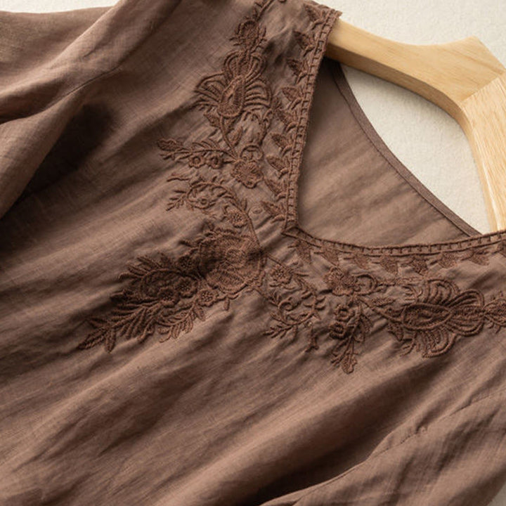 Buddha Stonesカジュアル 刺繍 花柄 レディース Vネックデザイン 半袖 コットンシャツ - image 2