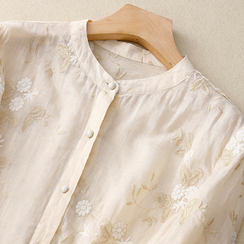 Buddha Stonesカジュアル刺繍の花びらスプライスオーガンザレディースクルーネックデザイン半袖コットンカーディガンシャツ - image 5