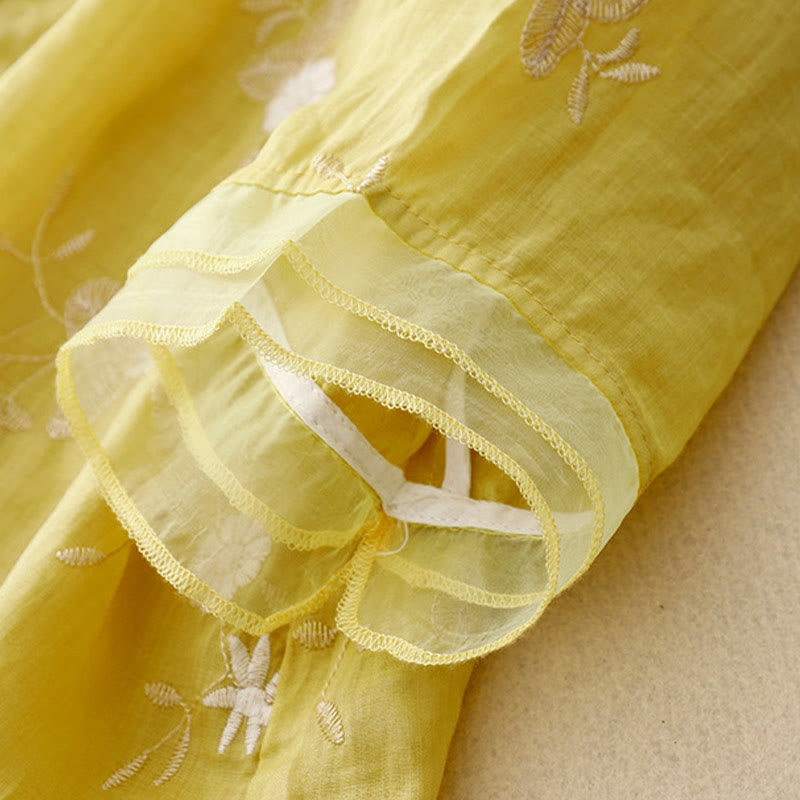 Buddha Stonesカジュアル刺繍の花びらスプライスオーガンザレディースクルーネックデザイン半袖コットンカーディガンシャツ - image 11