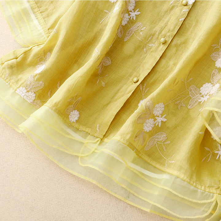 Buddha Stonesカジュアル刺繍の花びらスプライスオーガンザレディースクルーネックデザイン半袖コットンカーディガンシャツ - image 12