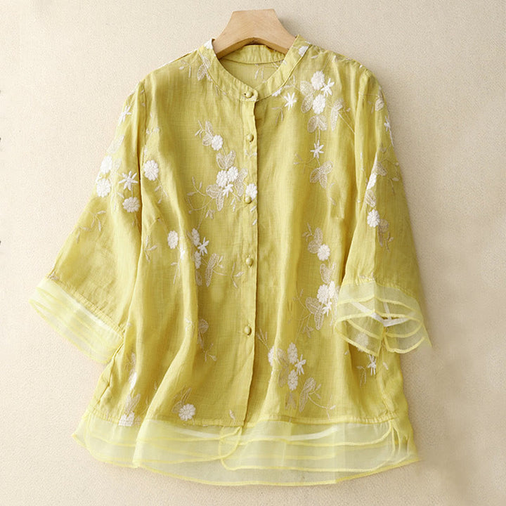 Buddha Stonesカジュアル刺繍の花びらスプライスオーガンザレディースクルーネックデザイン半袖コットンカーディガンシャツ - カーキ - US8-10，UK/AU12-14，EU40-42 (2XL) - image 8