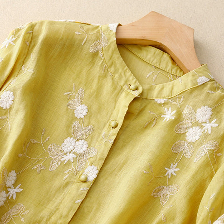 Buddha Stonesカジュアル刺繍の花びらスプライスオーガンザレディースクルーネックデザイン半袖コットンカーディガンシャツ - image 9