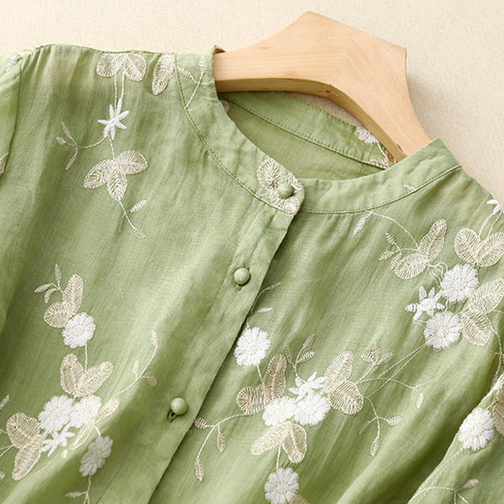 Buddha Stonesカジュアル刺繍の花びらスプライスオーガンザレディースクルーネックデザイン半袖コットンカーディガンシャツ - image 16